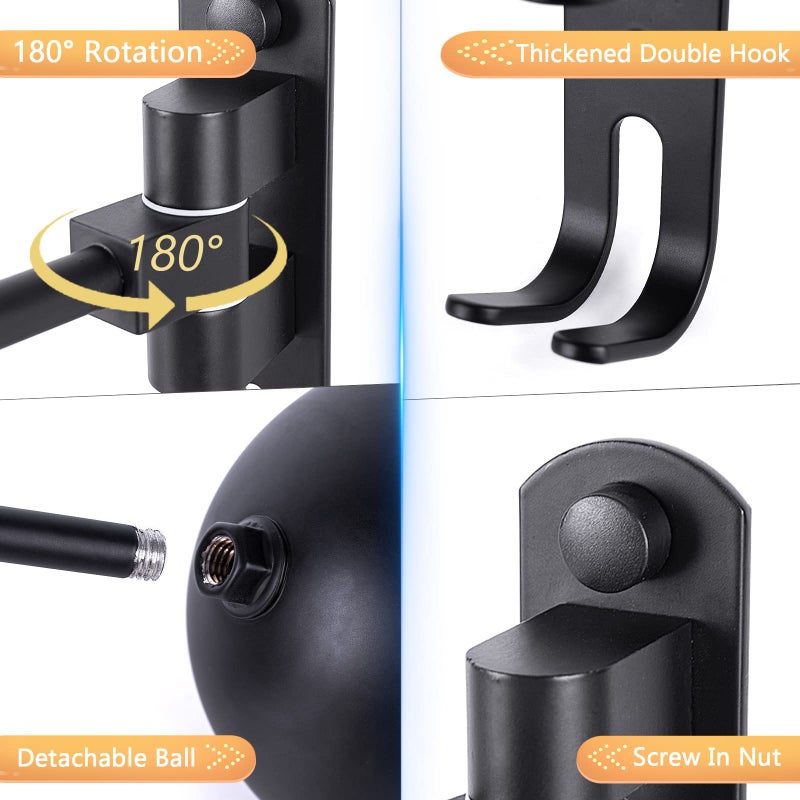 Kikerike Motorcycle Helmet Rack Wall Mount 180 Degree Rotation Metal Bike Helmet Holder Mount Bicycle Helmet Display Hanger Stand with 2 Hooks Motorcycle Accessories for Baseball Rugby Helmet - Black  2 Pcs - Image 4